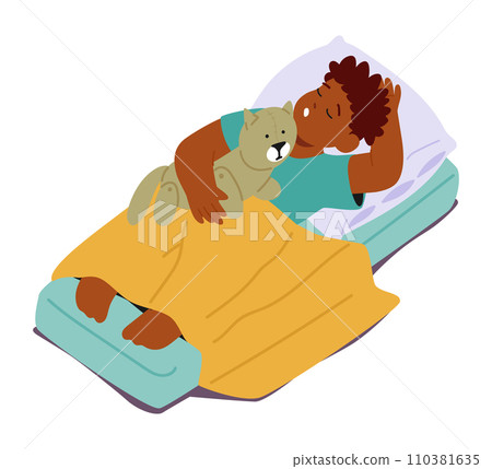 Little Black Boy Peacefully Naps On A Colorful Mat, Clutching His Favorite Toy In The Quiet Classroom. Tranquil Scene Little Black Boy Peacefully Naps On A Colorful Mat, Clutching His Favorite Toy In The Quiet Classroom. Tranquil Scene 110381635