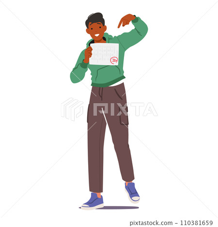 Excited Male Student Character Proudly Displays An A On His Test, Beaming With Achievement And Confidence Excited Male Student Character Proudly Displays An A On His Test, Beaming With Achievement And Confidence 110381659