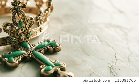 AI-generated content. Bishop St. Patrick's vestment, headdress and gold cross with green precious stones. Holiday St. Patrick's Day Background AI-generated content. Bishop St. Patrick's vestment, headdress and gold cross with green precious stones. Holiday St. Patrick's Day Background 110381709