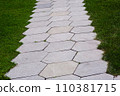 pavement with stone tiles honeycomb pattern on park with green lawn lit by sunlight close-up, nobody. 110381715