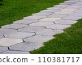 pavement with stone tiles honeycomb pattern on park with green lawn lit by sunlight close-up, nobody. 110381717