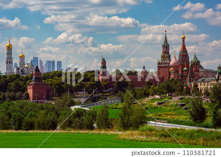Moscow Kremlin fortress wall on summer day near landscape Zaryadye Park. Moscow Kremlin fortress wall on summer day near landscape Zaryadye Park. 110381721