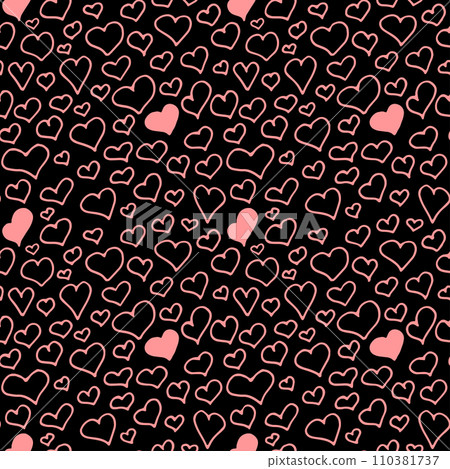 Doodle hearts pattern. Black and pink vector seamless background for Saint Valentines day, wedding, date. Cute hand drawn hearts repeat illustration. Scribble love symbols decor Doodle hearts pattern. Black and pink vector seamless background for Saint Valentines day, wedding, date. Cute hand drawn hearts repeat illustration. Scribble love symbols decor 110381737