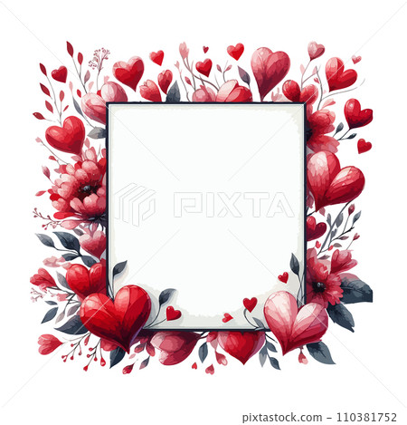 Vector square frame made of hand painted watercolor hearts and flowers. Cute and romantic, perfect for Valentines day greeting. 110381752