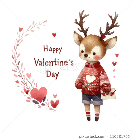 Watercolor Valentine's Day card, children's illustration with animal deer. Watercolor Valentine's Day card, children's illustration with animal deer. 110381765
