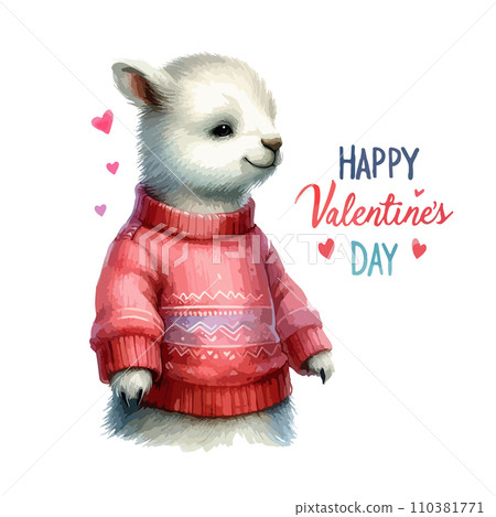 Watercolor Valentine's Day card, children's illustration with animal lamb. 110381771
