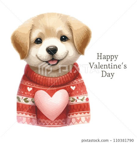 Watercolor Valentine's Day card, children's illustration with animal Dog. 110381790