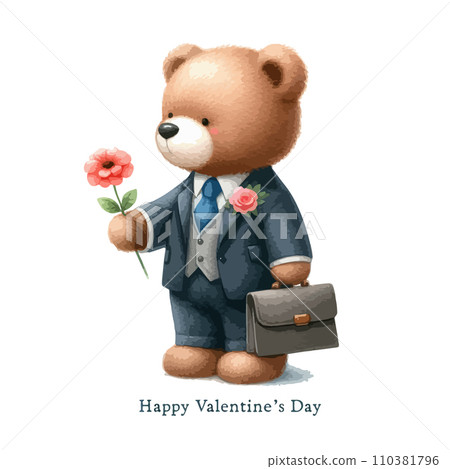 Watercolor Valentine's Day card, children's illustration with animal boy bear. 110381796