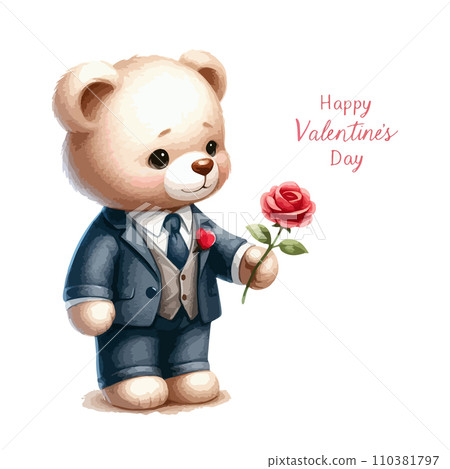 Watercolor Valentine's Day card, children's illustration with animal boy bear. 110381797