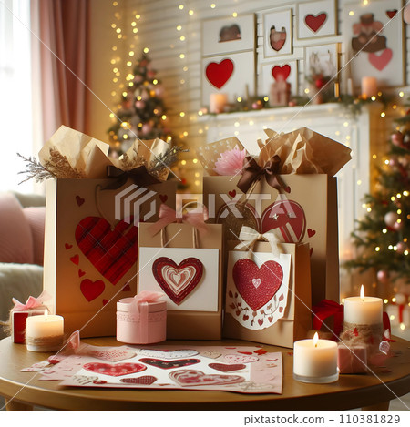 Valentine's Day gift boxes with hearts and candles in living room. AI 110381829