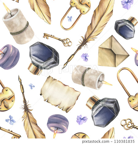 Writing supplies: papyrus paper, craft envelope, gold pen, ink in a glass jar, candles, key with lock, flowers. Hand drawn watercolor illustration. Seamless pattern on a white background 110381835