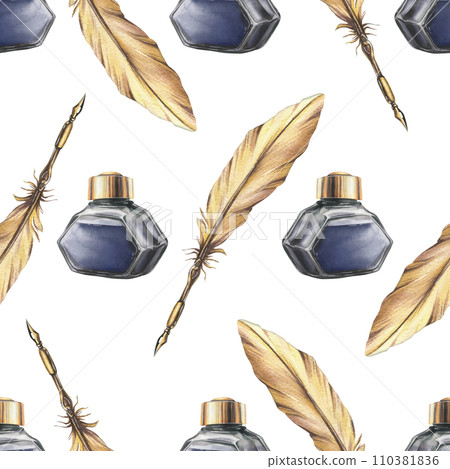 Writing supplies: gold pen, ink in a glass jar. Hand drawn watercolor illustration. Seamless pattern on a white background 110381836