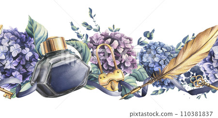 Blue inkwell with gold pen, ink, key and lock, ribbon with hydrangea flowers and eucalyptus branches. Hand drawn watercolor illustration. Seamless border isolated from the background. Blue inkwell with gold pen, ink, key and lock, ribbon with hydrangea flowers and eucalyptus branches. Hand drawn watercolor illustration. Seamless border isolated from the background. 110381837