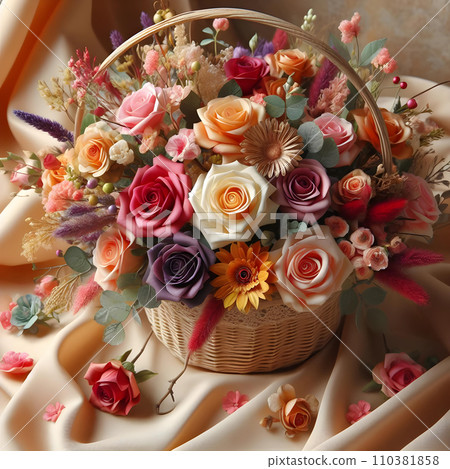 Beautiful wedding bouquet of roses on a beige satin, Valentine's Day, AI Beautiful wedding bouquet of roses on a beige satin, Valentine's Day, AI 110381858