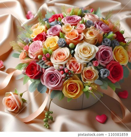 Beautiful wedding bouquet of roses on a beige satin, Valentine's Day, AI Beautiful wedding bouquet of roses on a beige satin, Valentine's Day, AI 110381859