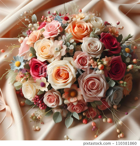 Beautiful wedding bouquet of roses on a beige satin, Valentine's Day, AI Beautiful wedding bouquet of roses on a beige satin, Valentine's Day, AI 110381860