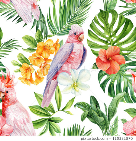 Seamless pattern Flowers, palm leaves, parrot bird. Watercolor Tropical floral background. Botanical Wallpaper design Seamless pattern Flowers, palm leaves, parrot bird. Watercolor Tropical floral background. Botanical Wallpaper design 110381870