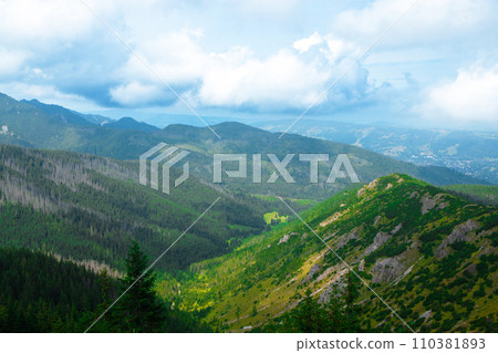 Mountain panorama of the Tatra Mountains from Kasprowy Wierch (Kasper Peak) on a summer day in Poland 110381893