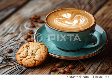 cup of hot coffee with cookies on wooden table 110381944