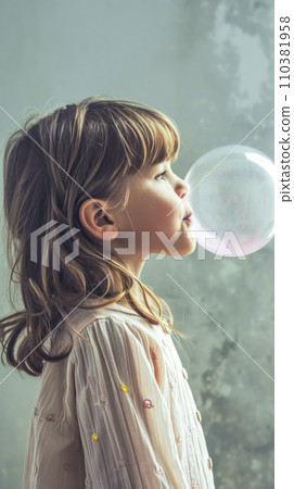 AI-generated content. child in profile, blowing a large bubble from chewing gum, with a soft-focus background that gives a dreamy quality to the scene. AI-generated content. child in profile, blowing a large bubble from chewing gum, with a soft-focus background that gives a dreamy quality to the scene. 110381958