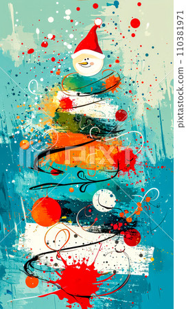 AI-generated content. Christmas tree, adorned with ornaments and topped with a snowman's head wearing a Santa hat, set against a splattered paint background. 110381971