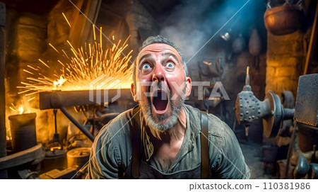 AI-generated content. blacksmith with an astonished expression, mouth wide open, eyes bulging, with sparks flying in the background of a traditional forge. 110381986