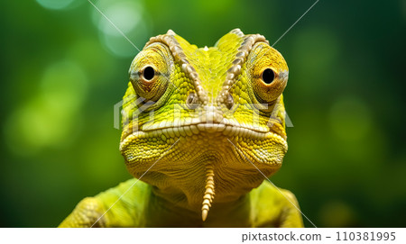 AI-generated content.  The image shows a close-up of a chameleon's face with a detailed, textured skin in various shades of green and yellow, and the eyes looking directly at the viewer 110381995