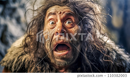 AI-generated content. A man dressed as a Neanderthal with a look of shock, exhibiting wide eyes and an open mouth, conveying a sense of primitive surprise and wonder 110382003