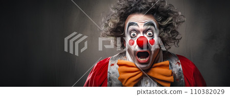AI-generated content. clown with a shocked expression, wild curly hair, a red nose, and a vividly colored costume against a grey backdrop. 110382029