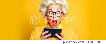 AI-generated content. A shocked elderly lady with curly white hair, red-rimmed glasses, and a yellow sweater looks at her smartphone with an open mouth on a yellow background 110382048