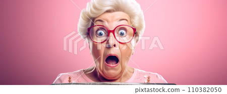 AI-generated content.  A surprised elderly woman with white hair and red glasses peers over the edge against a pink background 110382050