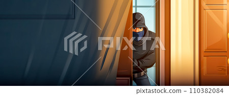 AI-generated content. burglar peeking from behind a door in a house, with a focus on the eyes that convey a sense of caution and stealth 110382084