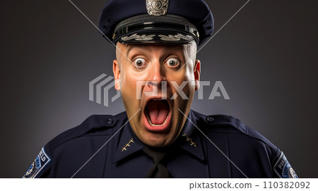 AI-generated content.  A surprised police officer with a wide-eyed expression 110382092
