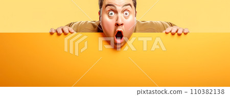 AI-generated content. men with a surprised facial expression, yellow banner with copy space 110382138