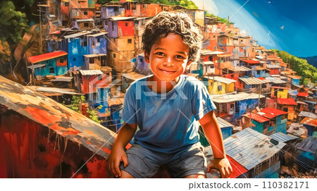 AI-generated content. colorful and lively depiction of a young child smiling in the foreground, with the bustling and densely packed favelas of Brazil in the background, illustrating a vibrant AI-generated content. colorful and lively depiction of a young child smiling in the foreground, with the bustling and densely packed favelas of Brazil in the background, illustrating a vibrant 110382171