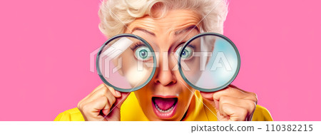 AI-generated content. astonished elderly woman with silver hair, magnifying her eyes comically large with two handheld magnifying glasses against a vibrant pink background AI-generated content. astonished elderly woman with silver hair, magnifying her eyes comically large with two handheld magnifying glasses against a vibrant pink background 110382215