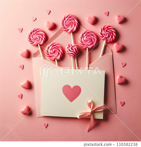 Valentine's day greeting card with lollipops and envelope on pink background AI 110382216