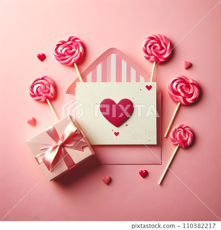 Valentine's day greeting card with lollipops and envelope on pink background AI 110382217