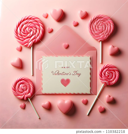 Valentine's day greeting card with lollipops and envelope on pink background AI Valentine's day greeting card with lollipops and envelope on pink background AI 110382218