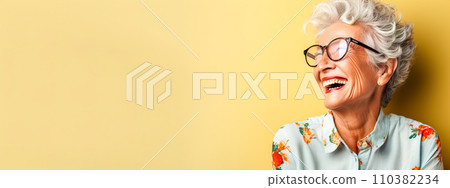 AI-generated content. a happy woman in advanced age with a smile on her face radiates positive energy and happiness, yellow banner with copy space 110382234