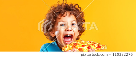 AI-generated content. kid eating pizza with a happy expression on his face, yellow banner 110382276