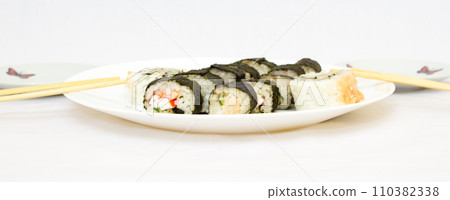 Japanese cuisine, rice sushi and fish - closeup 110382338