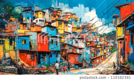 AI-generated content. A burst of color in Brazil's favelas captures daily life and community vibrance against a backdrop of urban complexity 110382391