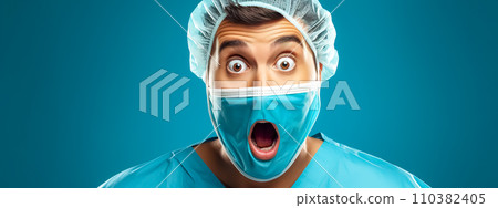 AI-generated content. a surprised doctor in a mask with an expression of astonishment on his face, blue banner with copy space 110382405