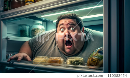 AI-generated content. An amazed man gazes into the fridge, his face lit by the glow of the light, revealing a moment of surprise and delight at the treasures within 110382454