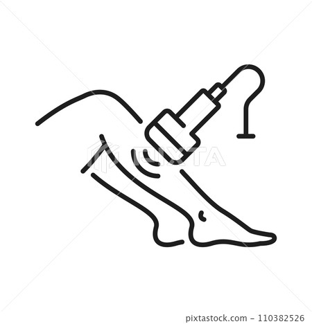 Ultrasound treatment, women legs and portable device outline icon. Vector edema and swelling legs, phlebologist and laser, diagnosis of thrombosis Ultrasound treatment, women legs and portable device outline icon. Vector edema and swelling legs, phlebologist and laser, diagnosis of thrombosis 110382526