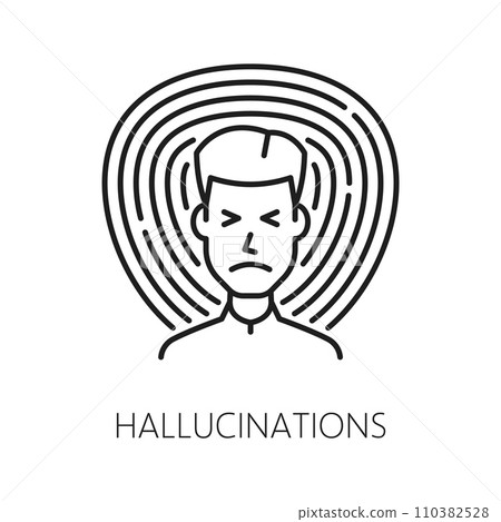 Hallucinations. Psychological disorder problem, mental health icon. Psychotherapy problem symbol, human psychology and mental disorder outline vector icon or pictogram with man seeing hallucinations 110382528