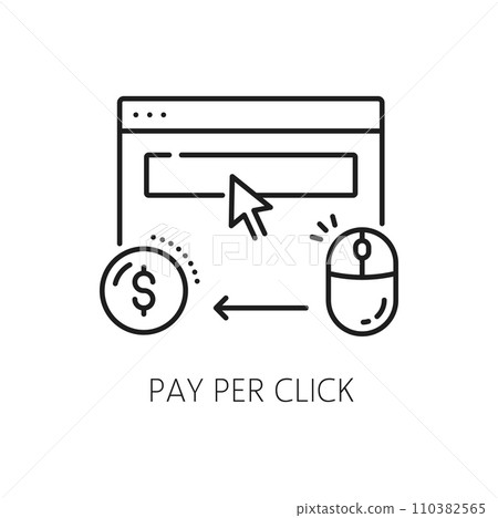 Pay per click. Serp icon. Search engine result page. Isolated vector linear ppc sign represents browser screen, pointer, mouse and dollar symbol, symbolizing the cost-per-click advertising model 110382565