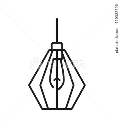 Pendant light or ceiling lamp line icon for home lighting fixture in outline vector. Hanging lamp light with lightbulb and lampshade of metal wire frame, interior design element and house illumination 110382596