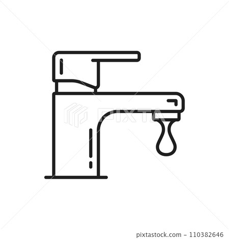 Plumbing service icon of water faucet leakage, vector line symbol. Plumber repair service for kitchen, bathroom or toilet, broken tap water faucet fix and leakage repair in linear pictogram Plumbing service icon of water faucet leakage, vector line symbol. Plumber repair service for kitchen, bathroom or toilet, broken tap water faucet fix and leakage repair in linear pictogram 110382646